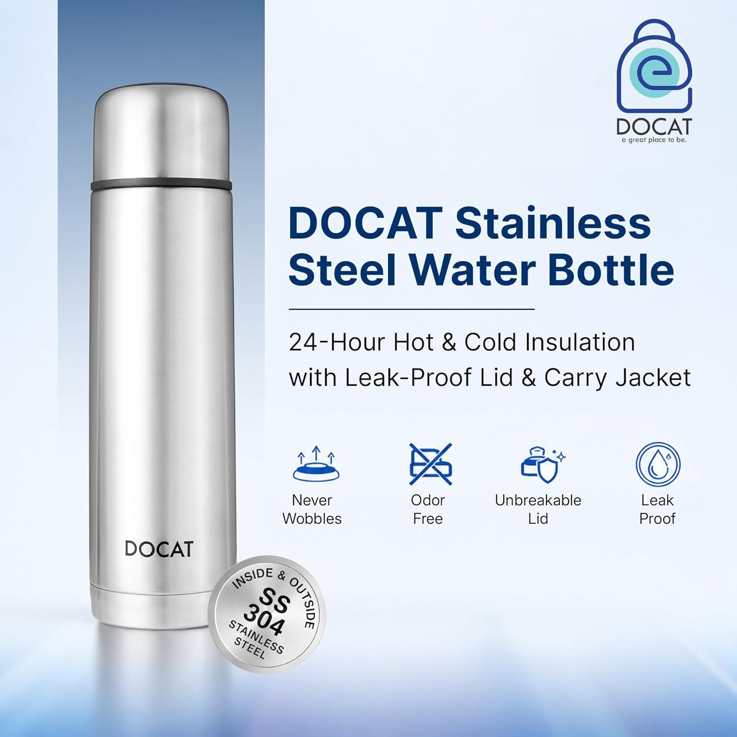 DOCAT Thermosteel Water Bottle | ISI Certified Vacuum Insulated Hot & Cold Flask - Image 2